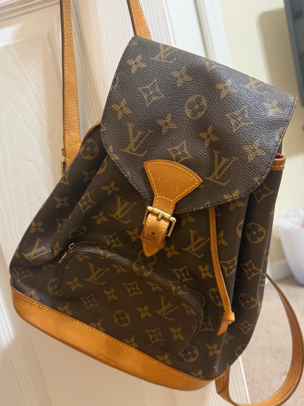 Louis Vuitton Monogram Canvas Backpack in Brown with Tan Trim and Gold Hardware